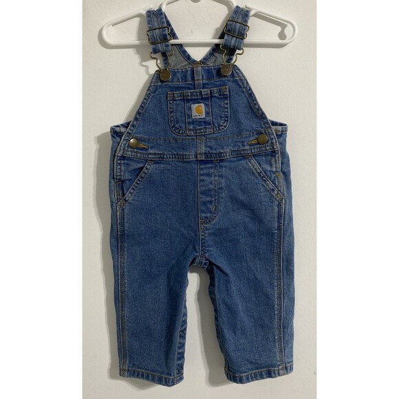 Carhartt Overalls Baby Infant 9 Months Blue Denim Bib Adjustable Strap Snap Leg - Picture 2 of 11